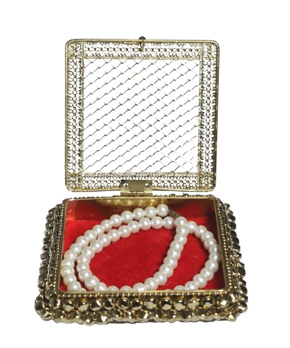 102a Ornate Metal Jewelry Box with Red Velvet Lining - Image 1