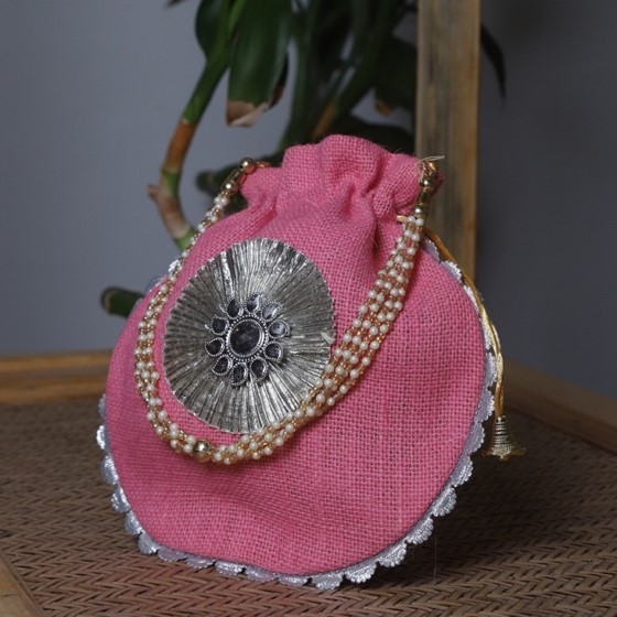 109c Round Jute Potli Bag with Silver Embellishment - Image 1